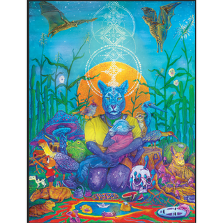 A blue, feline character cradles a child among vibrant animals and plants as bats fly overhead and patterns shimmer—captured in "Lionous," a 1,000 piece jigsaw puzzle by Unified Pieces.