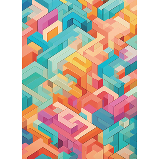 Boxy Bliss by Unified Pieces is a 1,000 piece adult jigsaw puzzle with an abstract geometric pattern of interlocking 3D blocks in orange, teal, pink, blue, and yellow. Features an irregular cut and a luxurious velvet soft-touch finish.