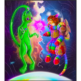 Unified Pieces' Catstornaut 2 | 650 Piece Jigsaw Puzzle features a green alien cat and a tabby in a rainbow spacesuit exchanging energy in space, inspired by Afro-Caribbean artist Naphtali Rodriguez.