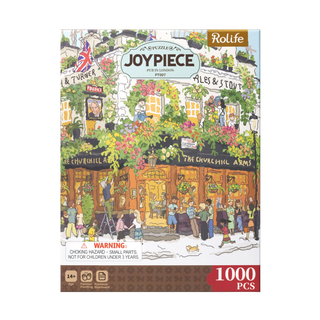 Box of a 1,000-piece Pub in London jigsaw puzzle for adults by Robotime, featuring an illustrated pub scene with finished size details and a warning about small parts not suitable for children under 3 years.