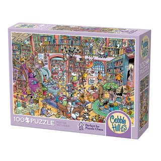 The Cobble Hill Bookshop Bedlam 100-piece jigsaw puzzle features large pieces and a vibrant scene of animals reading and playing chess in a lively library, crafted in Cobble Hill’s signature random-cut style.