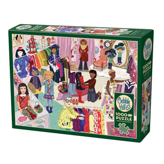 The Cobble Hill Vintage Shop 1,000 Piece Jigsaw Puzzle features a vibrant scene of diverse people shopping in a colorful clothing store, with racks of clothes, mirrors, and accessories. Made from recycled cardboard for adults.