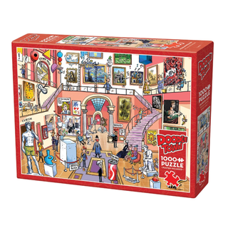 Doodletown: Museum Mischief by Cobble Hill – a 1,000 piece jigsaw puzzle with a vibrant cartoon art museum scene, crafted from recycled materials.