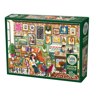 The Cobble Hill Coffee Please 1,000 Piece Jigsaw Puzzle features a cozy coffee shop scene with people, a barista, and vibrant wall art.