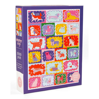 The Dapper Dogs | 500 Piece Jigsaw Puzzle by Pippi Post features colorful illustrated dog stickers arranged in a grid, with puzzle details on the box front.