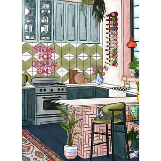 Ellembee gift's "Stove For Display Only" is a 1,000 piece jigsaw puzzle featuring a modern kitchen with green cabinets, geometric backsplash, plants, wall mug rack, neon sign, and barstool—printed with non-toxic inks.