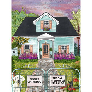 The Beware of the Dog... | 1,000 Piece Jigsaw Puzzle by Ellembee gift features a blue house with flowers, playful pet signs, and animals at the gate. Made with recycled paper and no AI art—just quality craftsmanship for puzzle lovers!.