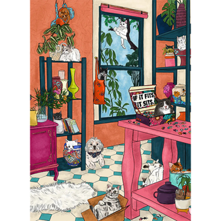 Bring home the fun with Ellembee gift’s “If It Fits, It Sits” 1,000 piece jigsaw puzzle—featuring a lively room of playful cats, cozy shelves, plants, a small dog by the window, and an outdoor cat on a branch. Made in the USA.