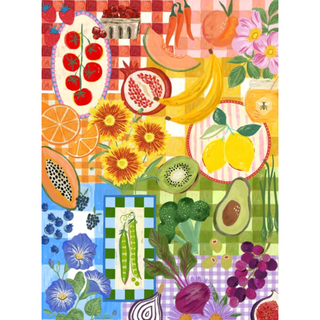 Experience the essence of summer with Puzzlefolk’s "A Perfect Picnic | 1,000 Piece Jigsaw Puzzle," featuring a lively collage of fruits, vegetables, flowers, and honey set against a vibrant patchwork of checkered red, yellow, green, and blue backgrounds—perfect for joyful days spent puzzling.