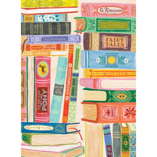 Vibrantly illustrated books are stacked vertically and horizontally, adorned with decorative spines featuring titles like Fairy Tales, Poetry, and A Romance. This charming scene is captured in Puzzlefolk’s "Just One More Chapter" 500 piece jigsaw puzzle—the perfect cozy reads challenge for any book lover. No people or background included.