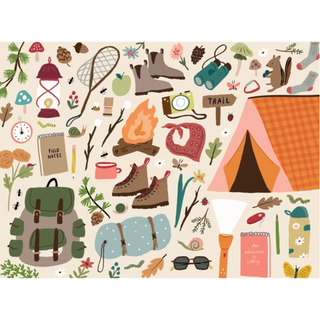 Experience the great outdoors with Puzzlefolk's Lost in Nature | 500 Piece Jigsaw Puzzle, featuring a vibrant illustration of camping essentials—tent, boots, backpack, campfire, lantern, camera, flashlight—as well as an array of nature-themed objects and animals arranged playfully. The perfect puzzle adventure for anyone who loves getting lost in nature!.