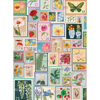 Petals and Postage | 500 Piece Jigsaw Puzzle by Puzzlefolk showcases an array of vibrant vintage postage stamps adorned with flowers, plants, birds, butterflies, and fruits arranged in an elegant grid. This delightful puzzle provides hours of enjoyment for both botanical enthusiasts and puzzle collectors.