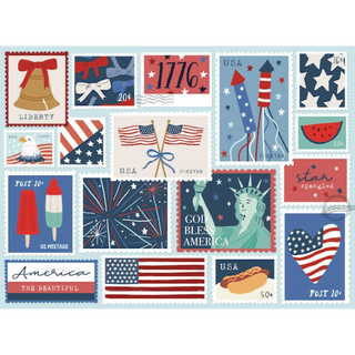 Experience a vibrant tribute to our beautiful country with the "Postmarked USA | 1,000 Piece Jigsaw Puzzle" by Puzzlefolk, featuring illustrated U.S. postage stamps adorned with patriotic symbols, fireworks, the Statue of Liberty, American flags, and classic red, white, and blue colors—artwork by Lauren Waltman.