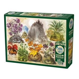 Experience “The Little Hills” 1,000 Piece Jigsaw Puzzle by Cobble Hill—a whimsical puzzle featuring playful plant and leaf creatures with charming faces in a fantasy landscape illustration. Perfect for nature lovers and puzzle enthusiasts seeking a delightful woodland adventure.