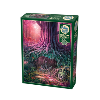 Discover a magical woodland with the Cobble Hill Ethereal Haven 1,000 Piece Jigsaw Puzzle, showcasing an enchanting illustration of a person reading beneath a large tree adorned with pink and purple foliage in a mystical forest.