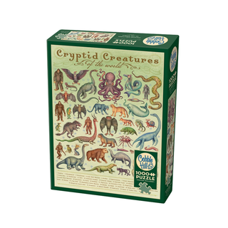 Cobble Hill’s Cryptid Creatures | 1,000 Piece Jigsaw Puzzle features a vibrant animal chart-style illustration of mythical creatures and animals on the cover.