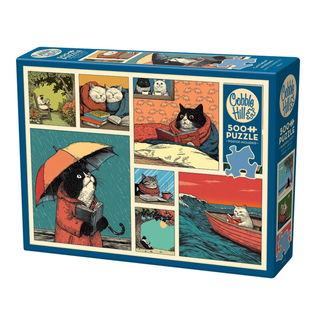 The Cobble Hill Cats Chillin with Books 500 Piece Jigsaw Puzzle features charming illustrations of cats relaxing with books in outdoor settings, such as lounging in a boat, beneath an umbrella, and on a picnic blanket—an ideal puzzle for cozy afternoons.