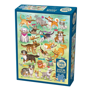 The Cobble Hill Fetch! 500 Piece Jigsaw Puzzle features a charming illustration of cartoon dogs and puppies playing together outdoors on green grass, perfectly capturing the joyful energy of pups at play in a delightful dog park scene.