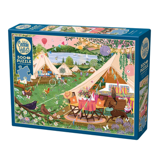 The Cobble Hill “Glamping | 500 Piece Jigsaw Puzzle” features an illustrated lakeside camping scene with bell tents, animals, bikes, balloons, and a tea table—perfect for anyone who enjoys a charming glamping jigsaw puzzle experience.