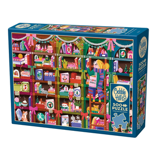 Enjoy festive family fun with the Cobble Hill “Holiday Browsing” 500 Piece Jigsaw Puzzle, featuring a vibrant holiday bookshelf scene filled with books, gifts, decorations, and a girl holding a book—an enchanting holiday puzzle perfect for the season.