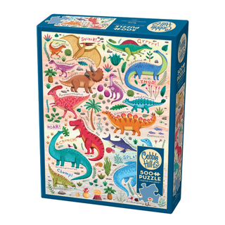 The Rawr! | 500 Piece Jigsaw Puzzle by Cobble Hill features colorful illustrated dinosaurs, each labeled with their names, set against a white background with plants and playful sound effects—making this Cobble Hill puzzle both educational and entertaining.