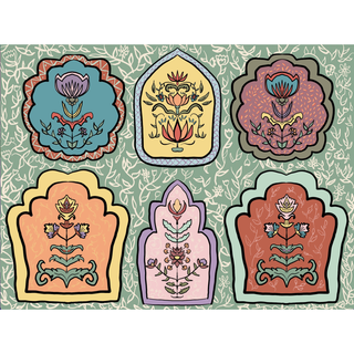 Six vibrant, ornate floral motifs with scalloped edges are arranged in two rows on a lush green, leafy backdrop, creating an eye-catching design. Each motif showcases symmetrical, stylized flowers and leaves—perfect for assembling Timeless Blooms | 500 Piece Jigsaw Puzzle by Laila Luxury Puzzles, presented in an elegant magnetic box.
