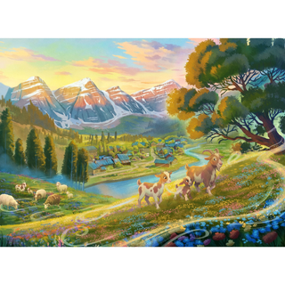 Experience the charm of the Kashmir Valley with Laila Luxury Puzzles’ “Kashmir Valley | 500 Piece Jigsaw Puzzle”—a delightful illustration featuring three goats strolling across a flower-filled hill, sheep grazing nearby, a picturesque village, winding river, lush trees, and majestic snow-capped mountains in the glowing sunset backdrop.