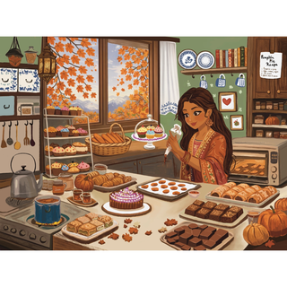 A woman assembles the “Heavenly Fall” 500 Piece Jigsaw Puzzle by Laila Luxury Puzzles in a cozy home bakery kitchen surrounded by autumn treats and pumpkins, with vibrant orange leaves visible through the window.