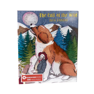 Experience The Call of the Wild with Bookworm Puzzles’ 500 Piece Jigsaw Puzzle Book Set, featuring cover art with a large dog, a person, pine trees, mountains, and a moon—an ideal puzzle for Jack London fans.