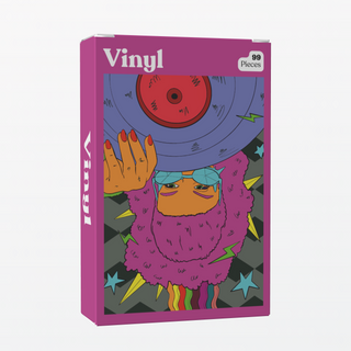 The Puzzledly Vinyl | 99 Piece Jigsaw Puzzle is a pocket-sized box featuring vibrant art of a purple-haired person holding a vinyl record, surrounded by stars and lightning bolts.