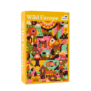 Puzzledly’s Wild Escape | 99 Piece Jigsaw Puzzle is a pocket-sized puzzle box with ribbon-cut pieces and a vibrant, abstract design featuring animals, nature, and buildings.