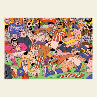 A chaotic soccer match with exaggerated cartoon characters, vibrant colors, and energetic fans fills the stadium—a humorous scene perfect for StoPuzzle’s Fenomeno | 500 Piece Jigsaw Puzzle adventure.