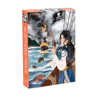 The Northern Pirate | 500 Piece Jigsaw Puzzle from Olleo Puzzles showcases a striking illustration of a female pirate wielding a pistol aboard a ship, with scenes of a burning vessel, pirate flag, and soaring birds in the background—an ideal choice for anyone craving an adventurous or challenging pirate-themed puzzle.
