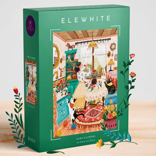 The Elewhite "Some Flowers" 1,000-piece jigsaw puzzle features original art of a woman, cats, and flowers in a cozy vintage kitchen.