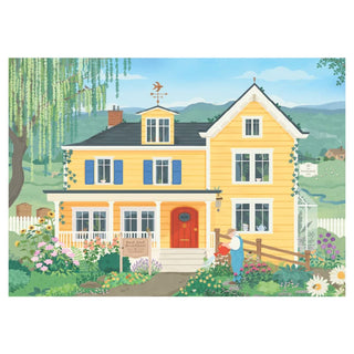 Charming illustration of a yellow two-story house with blue shutters, red door, garden, and figure by the fence—set among mountains and trees—for Trevell’s Bumblebee Gardens | 1,000 Piece Jigsaw Puzzle.