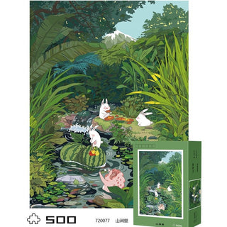 Enjoy assembling "In The Mountain Stream," a 500 piece Ber jigsaw puzzle featuring four white rabbits picnicking with watermelons by a stream in a lush green forest, with the puzzle box displayed in the corner.