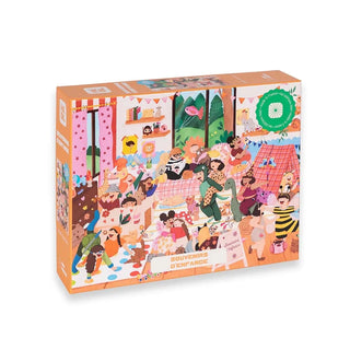 The Heol Editions "Souvenirs d’Enfance" 1,000 piece jigsaw puzzle features a vibrant illustrated scene of children at play in a decorated room, providing a nostalgic and charming challenge for all ages.