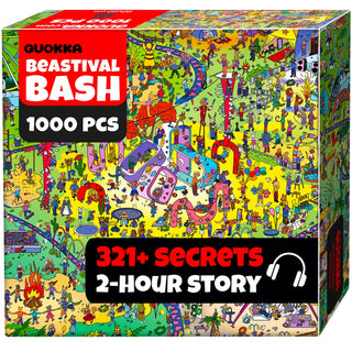 QUOKKA’s Beastiva Bash 1,000-piece jigsaw puzzle features a vibrant festival scene with hidden secrets and a 2-hour audio story, creating an immersive puzzle experience with a captivating mystery to solve.