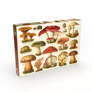 A Fungal Gallery | 1,000 Piece Jigsaw Puzzle box featuring a botanical-style illustration of various mushroom species with their scientific names.