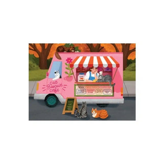 The Trevell Cat Food Truck | 99 Piece Jigsaw Puzzle features a pink Cat Biscuit Café serving curious cats, with a woman working inside and a chalkboard sign that reads, "Cats eat free"—perfect for cat lovers.