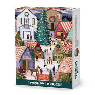 Box for the Christmas Market 1,000 Piece Jigsaw Puzzle, showing a festive Christmas market with shops, a horse-drawn sleigh, and a large decorated tree.