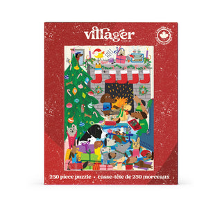 The Merry Barkmas 250 Piece Jigsaw Puzzle by Villager Puzzles depicts cartoon animals celebrating Christmas in a cozy living room, complete with a tree, fireplace, stockings, and presents. This charming holiday puzzle features a red border and bilingual text.