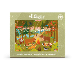 Camp Canadiana | 250 Piece Jigsaw Puzzle by Villager Puzzles—a charming Canadian-designed gift featuring illustrated woodland animals around a campfire with tents, trees, and a mountain backdrop.