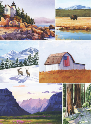 Enjoy assembling Puzzlefolk’s Land That I Love 500 piece jigsaw puzzle, featuring six stunning landscapes—a lighthouse, bison, elk, barn with flag, mountain valley, and forest trail—celebrating iconic American scenery.