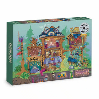 Donjon | 1,000 Piece Jigsaw Puzzle box featuring an illustrated cat castle with multiple whimsical rooms and feline characters.