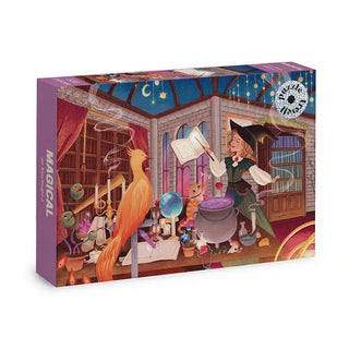 The Trevell Magical 500 Piece Jigsaw Puzzle features a witch reading in a magical library with a phoenix, cauldron, and mystical items—ideal for fans of enchanting fantasy puzzles.