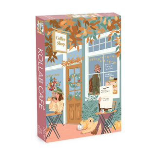 The Kollab Café | 1,000 Piece Jigsaw Puzzle by Olleo Puzzles features Mathilde Garcia’s cozy Swiss café scene—two people at tables, a lounging dog, and autumn leaves. Box displays Kollab Café branding.