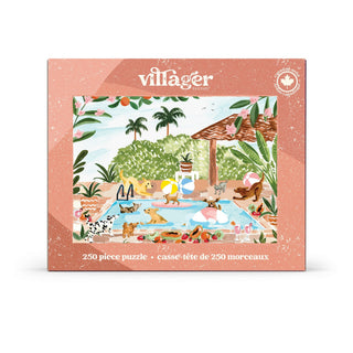 Enjoy assembling the Pool Party | 250 Piece Jigsaw Puzzle by Villager Puzzles, a charming family jigsaw featuring a vibrant poolside scene with people, playful dogs, and lush greenery; includes bilingual text in English and French.