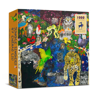 Jungle Singers | 1,000 Piece Jigsaw Puzzle by Antelope Puzzle features vibrant jungle animals against a starry night background, inspired by eastern and western art. Artwork by NYC artist B. Fenghao Liu.