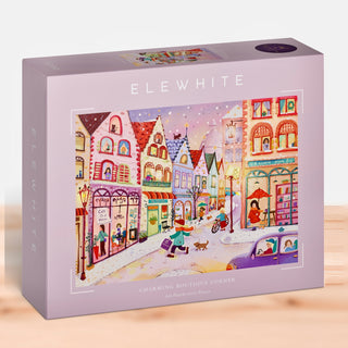The Elewhite "Charming Boutique Corner" 1,000-piece jigsaw puzzle features pastel art of a bustling winter street with boutique shops, people, and pets, printed on premium puzzle board.
